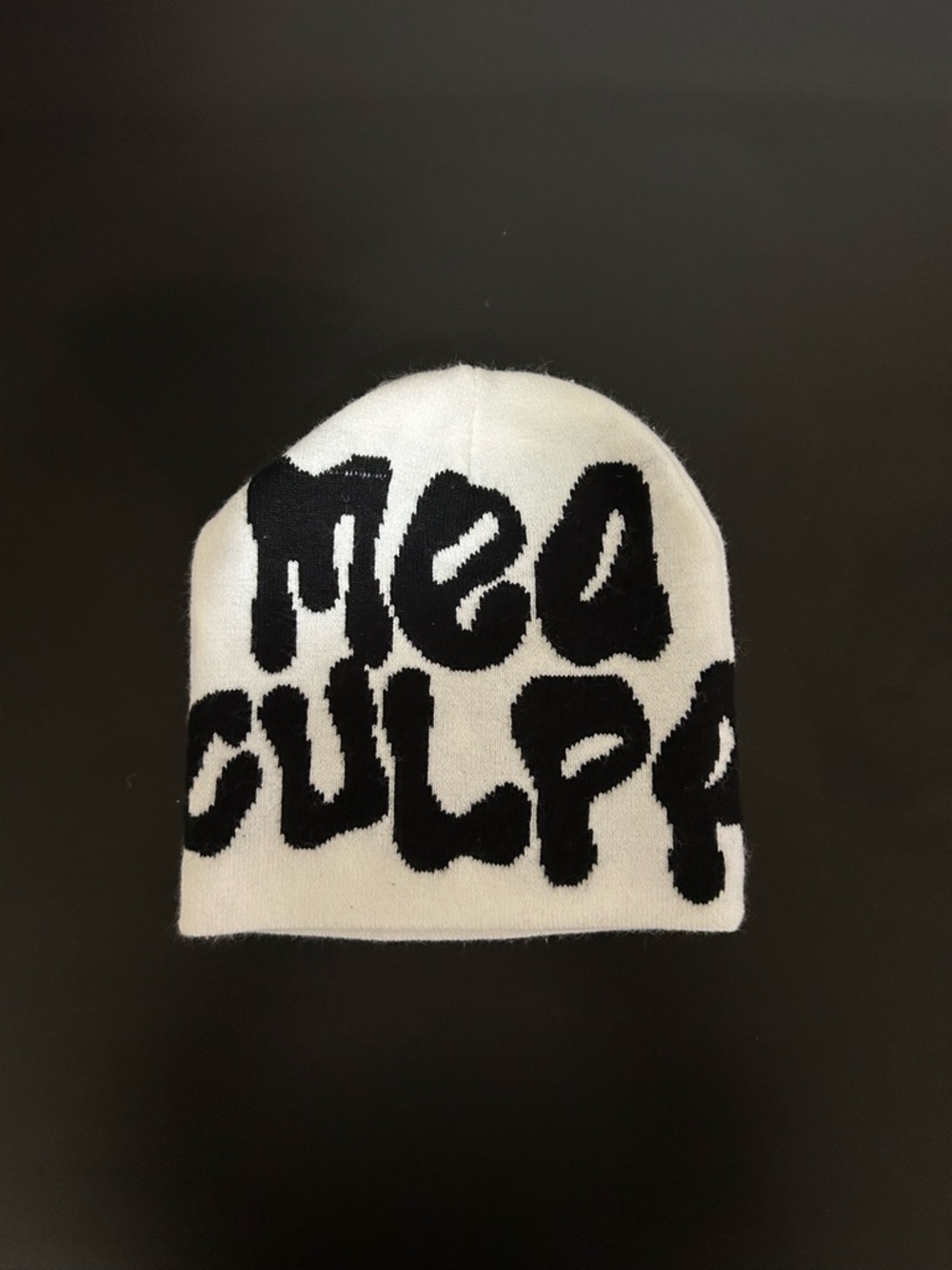 White & Black Graphic Knit Beanie Hat